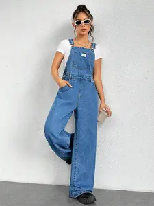 Women's Soft Fit Cotton Denim Overalls with Letter Patched Detail, Pocket - Without Tee