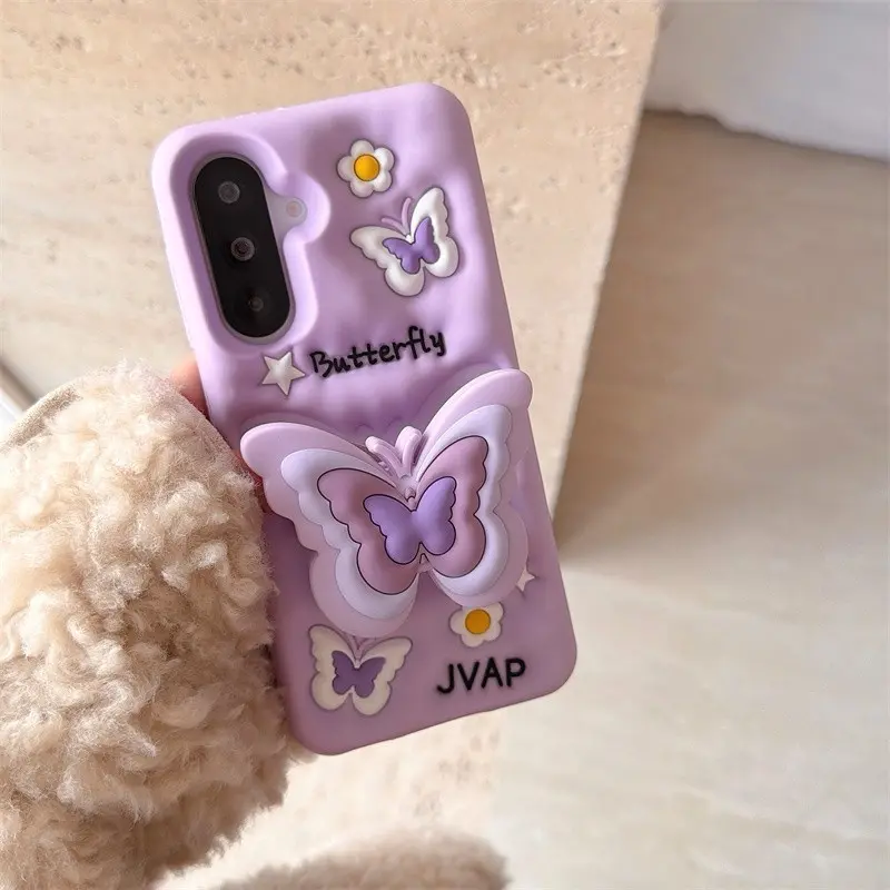 Suitable for Samsung phone series, 3D pink and purple butterfly, Creative butterfly stand, Bestie gift, Protective soft casing, Phone shell, Protective Phone case for Samsung Galaxy A14 A15 A25 S22 S23 S22U S23U S24U S24
