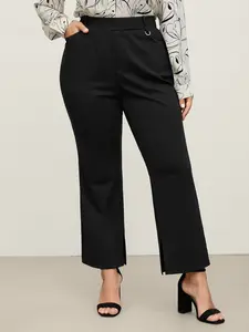 【Summer Turn-Up】【Pocket Approved】BlOOMCHIC plus size High Waist Fitted Black Trousers for Women Elegant Minimalist OL Style Autumn Wear Plain Pattern Bodycon Fit Slanted Pocket Non-Belt Closure - Womenswear Bottom [M-6X] 2026 Summer Pick for Mother's Day