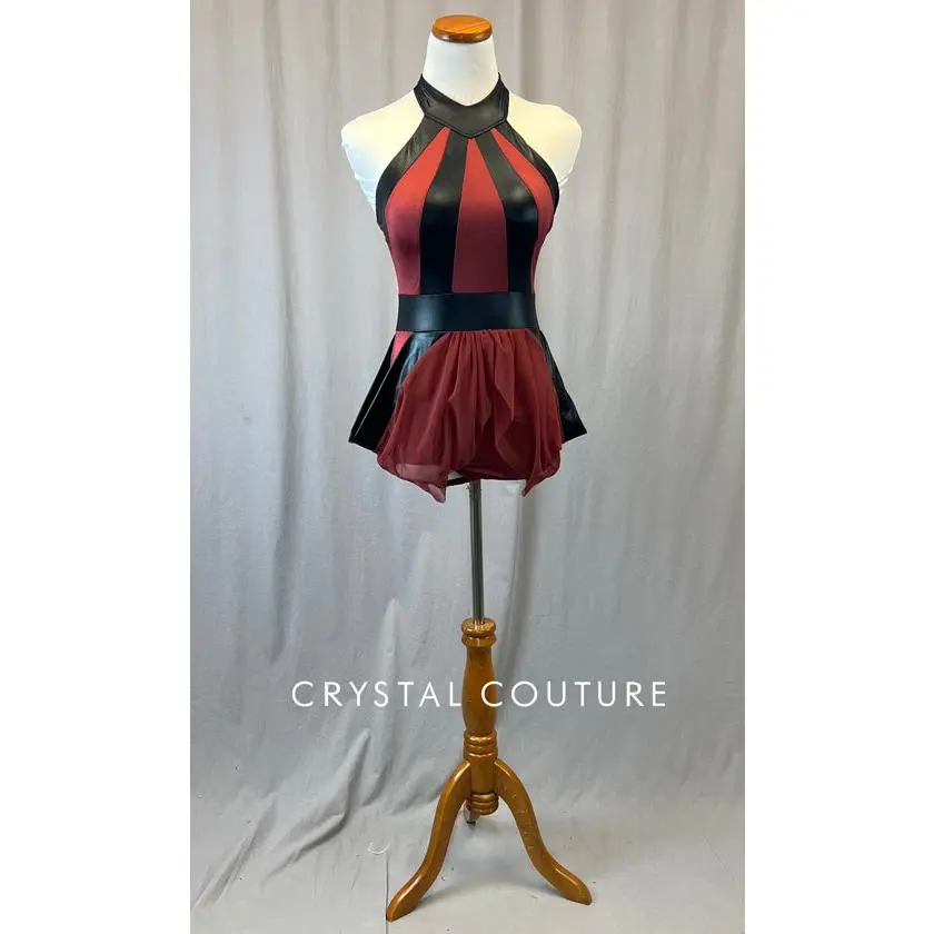Black and Maroon High Neck Leotard with Mesh Skirt