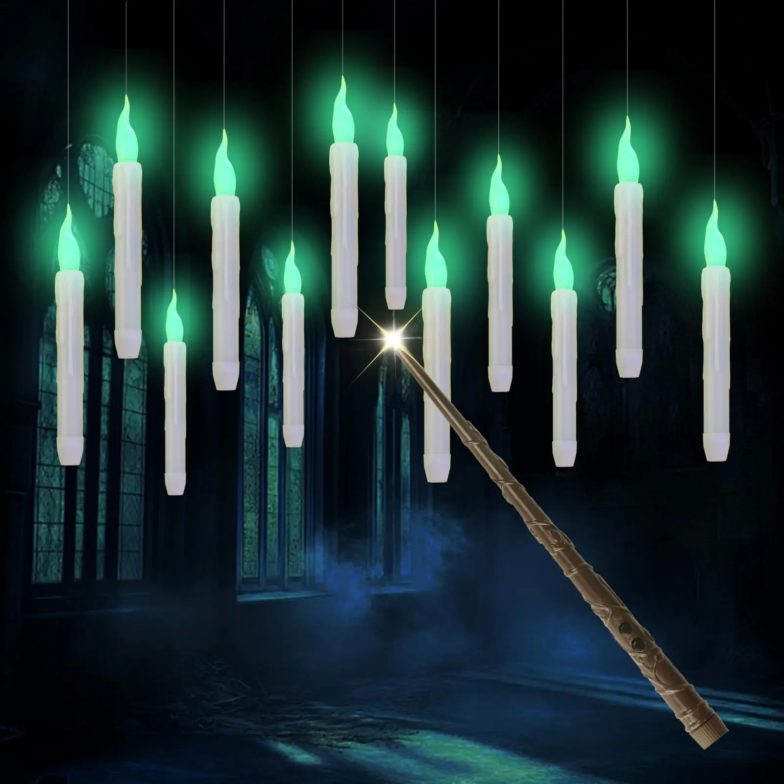 Floating Candles With Wand  12pcs Hanging Flickering Green Light Led Taper Candle Remote Magic For Party Decor