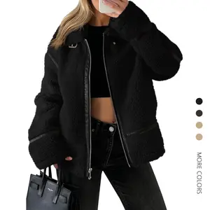 Danedvi Women's Fashion Vintage Comfortable Casual Crop Light Stretchy Faux Fur Long Sleeve Jacket - Winter Dressy Basic Zip-Up Coat with Sherpa, Moto Leather Patchwork, Pockets