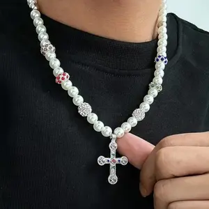 Vintage Multicolor Crystal Cross Necklace Men’s Charm Jewelry Imitation Pearl Beaded Pendant Statement Accessory Daily Wear Gift