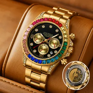 Premium Gold Tone Men's Quartz Chronograph Watch, Rainbow Multi‑Color Crystal Bezel, Black Dial With Diamond Accents, Stainless Steel Band, Luxury Statement Wristwatch For Special Occasions & Daily Wear