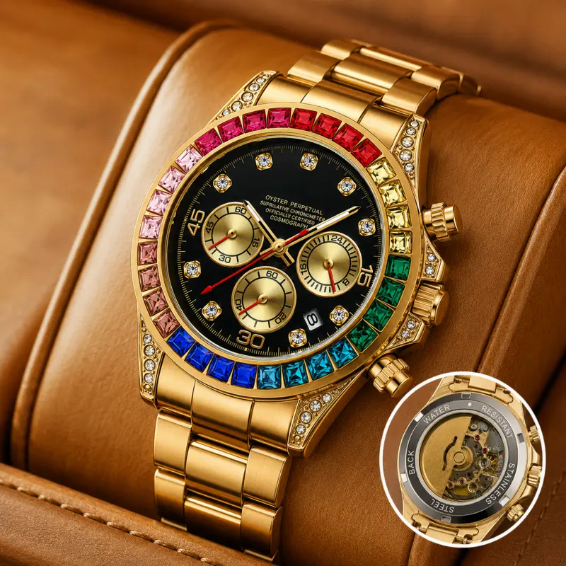 Premium Gold Tone Men's Quartz Chronograph Watch, Rainbow Multi‑Color Crystal Bezel, Black Dial With Diamond Accents, Stainless Steel Band, Luxury Statement Wristwatch For Special Occasions & Daily Wear
