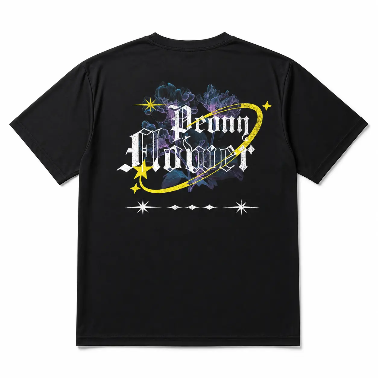 A-Peony Flower Graphic T-Shirt - Purple Floral Gothic Font Print - Unisex Short Sleeve Crewneck Soft Breathable Cotton Casual Streetwear Tee Tops - Edgy Y2K Aesthetic Summer Everyday Outfit Men Women 3086