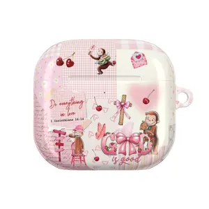 Cute Pink Curious George AirPods Case – Do Everything In Love (1 Corinthians 16:14) | Christian Bible Verse AirPod Case Cover for AirPods 4 3 2 1 & AirPods Pro Gen 2 3 | Girly Aesthetic Cherry & Pink Cross Design | Faith Gift for Her Girls Women