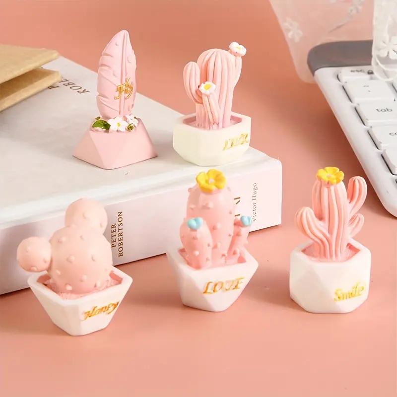 1 set of 5 mini pink cactus ornaments - perfect Valentine's Day desktop decoration, girly cartoon theme resin decorative accessories, suitable for interior decoration of various room types, cute desk ornaments