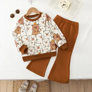 Girls' Capybara Sweatshirt Set with Adorable Bubble Tea Graphic Ultra-Soft Long-Sleeved Crewneck Pullover for Cozy Fall Fashion School Outfits and Everyday Wear Viral Kids Fashion