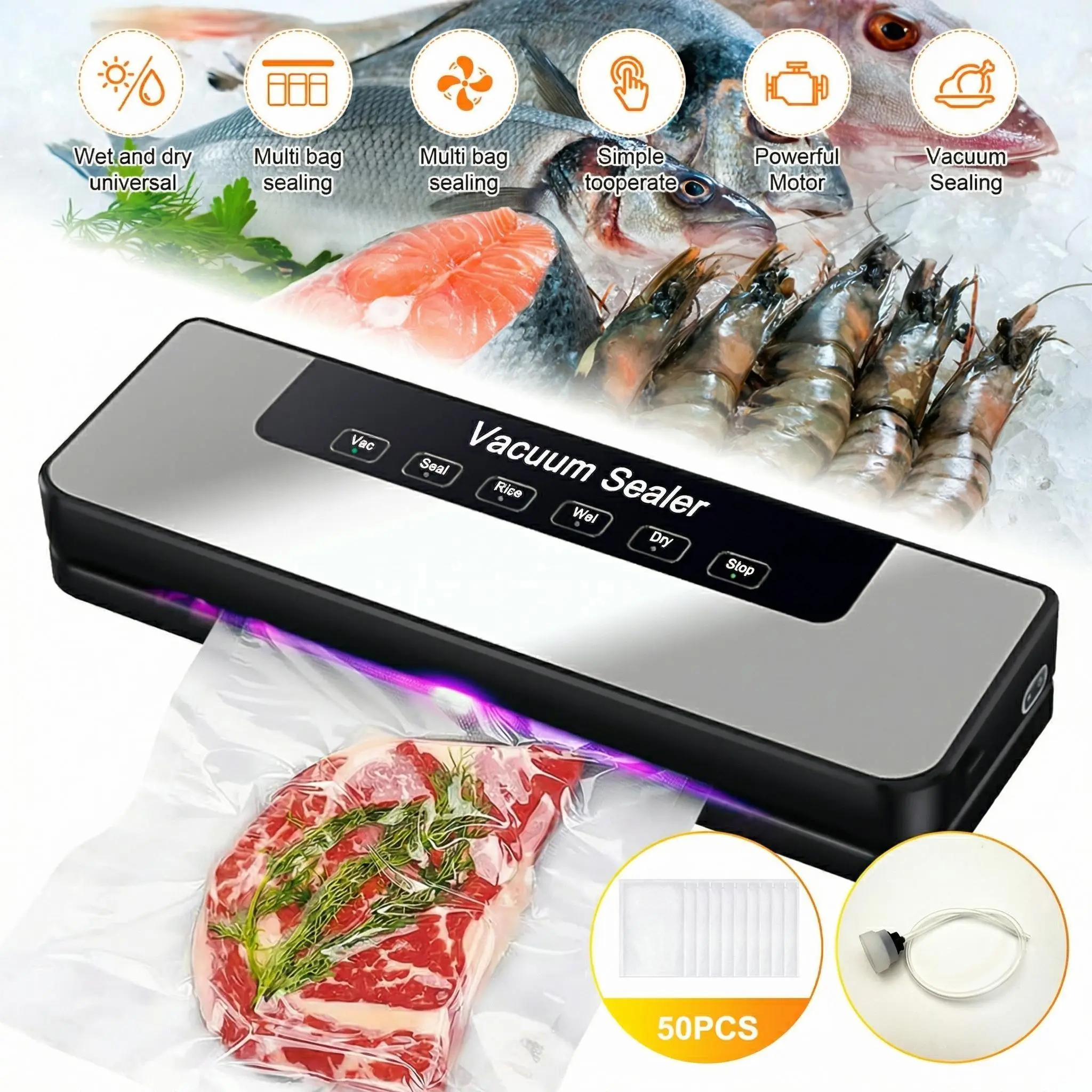 【BackToSchool】 Corded Vacuum Sealer Machine, 110V US Standard Compact ABS Plastic Kitchen Food Saver with 60kPa Powerful Suction, Automatic Sealing, 14x4.3x2.1in Size, 50 Sealer Bags, Built-In UV Sterilizer