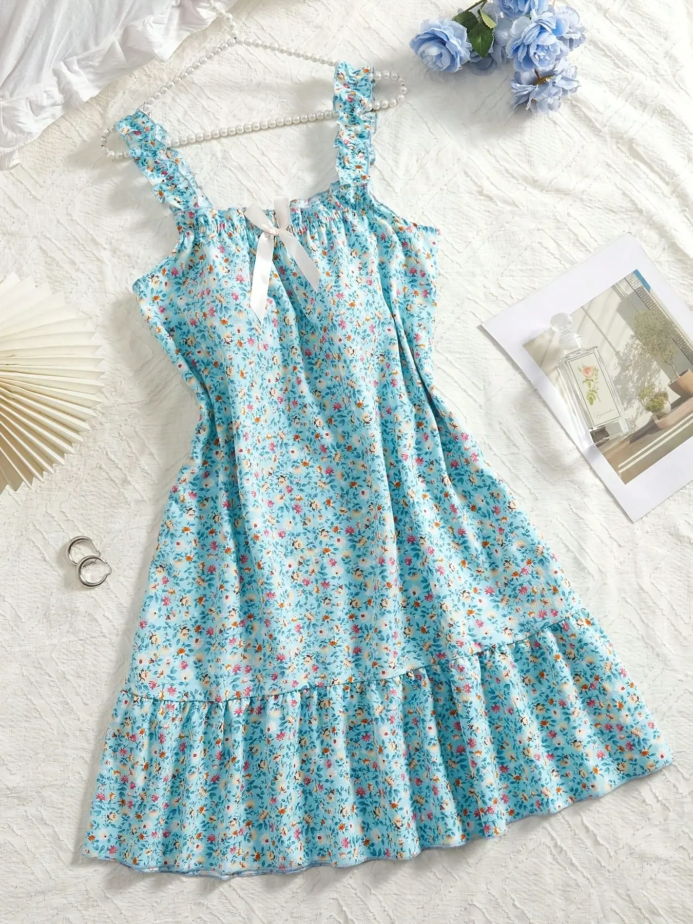Women's Ditsy Floral Print Sleeveless Pajamas, Ruffled Strap and Hem, Lightweight Breathable Summer Loungewear, Casual Elegant Bohemian Boho Sleepwear, Nighty Dress