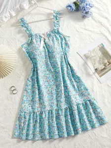 Women's Floral Print Sleeveless Pajamas, Ruffled Strap and Hem, Lightweight Breathable Summer Loungewear, Casual Elegant Sleepwear