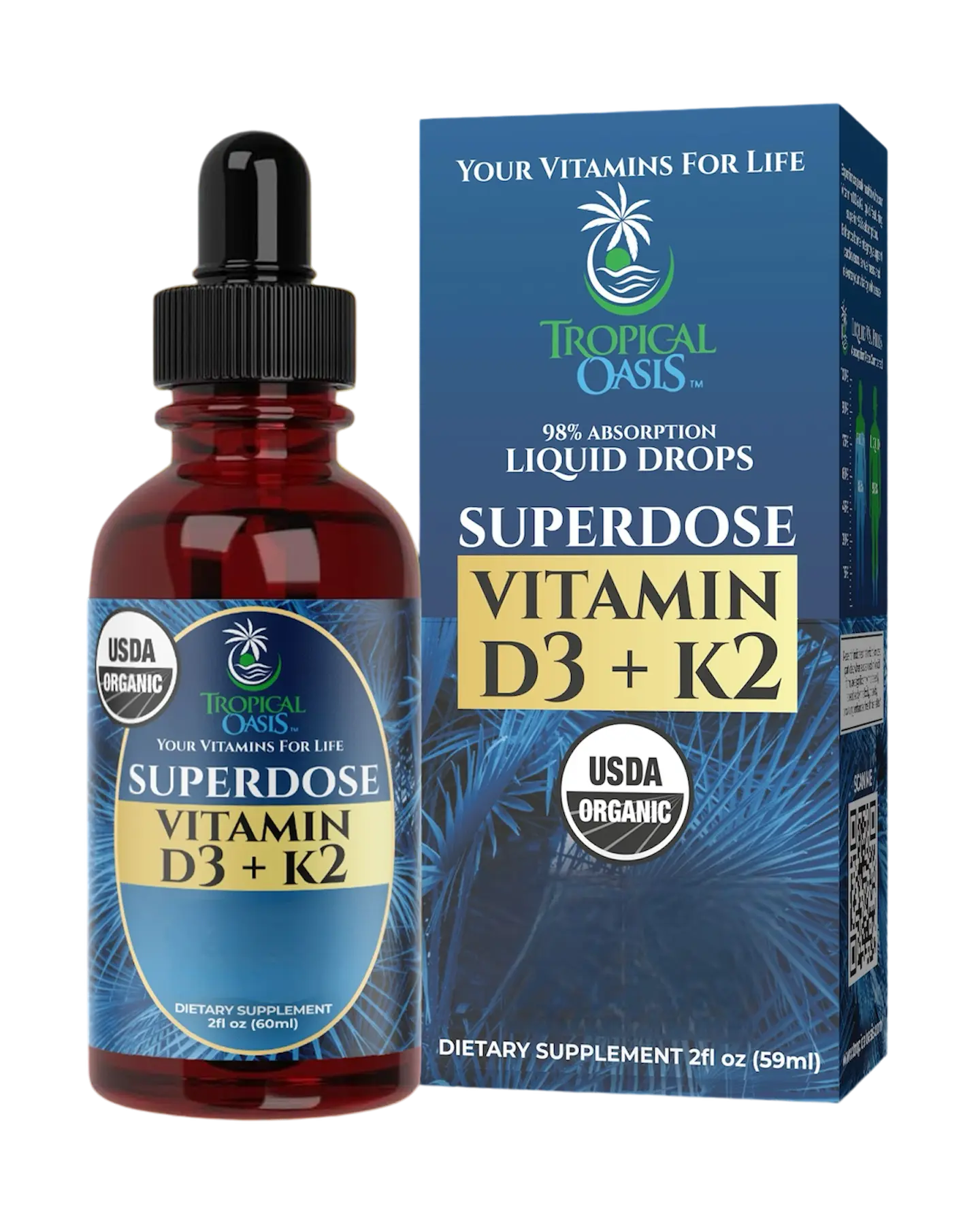 Vitamin D3 + K2 Drops by Tropical Oasis for Adults - Liquid Vitamin D + K2