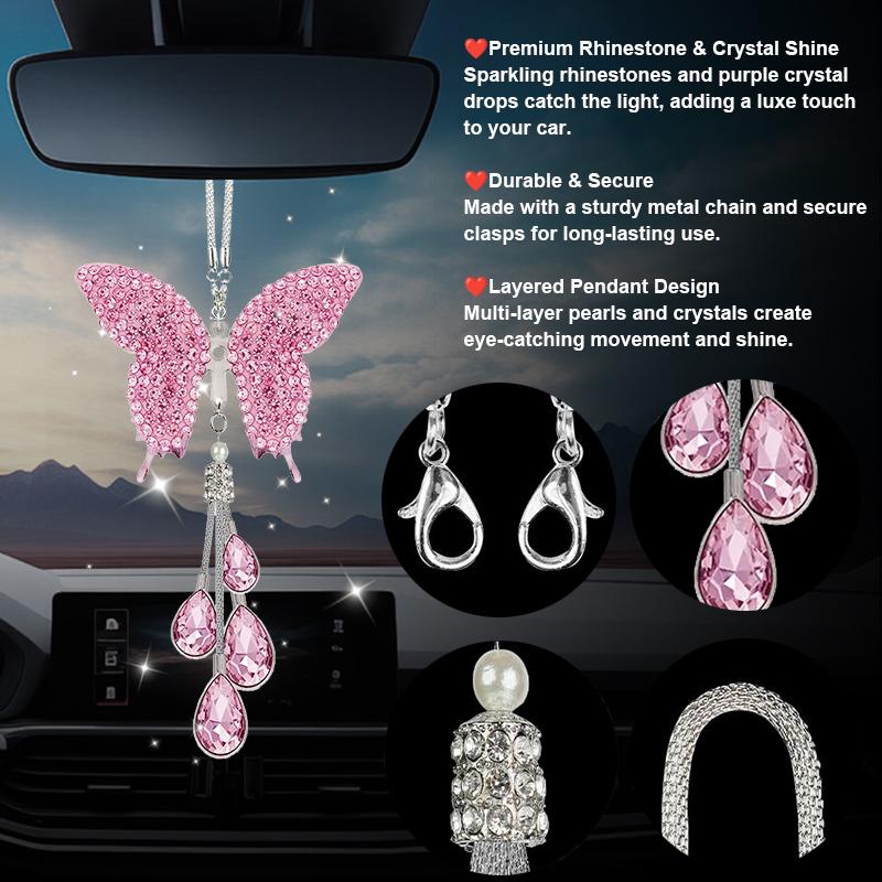Butterfly Crystal Hanging Decor Pink Rhinestone Pendant Ornament Decorative Hanging Charm for Car Rearview Mirror Home Window Wall Door Backpack Handbag Room Decoration Gift for Women and Teen Girls