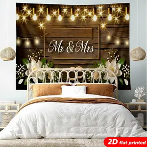 Mr & Mrs Tapestry Wall Hanging Rustic Wood Floral Wedding Design 2D Flat Printed Backdrop for Wedding Bridal Shower Aesthetic Home Decor Photo Booth
