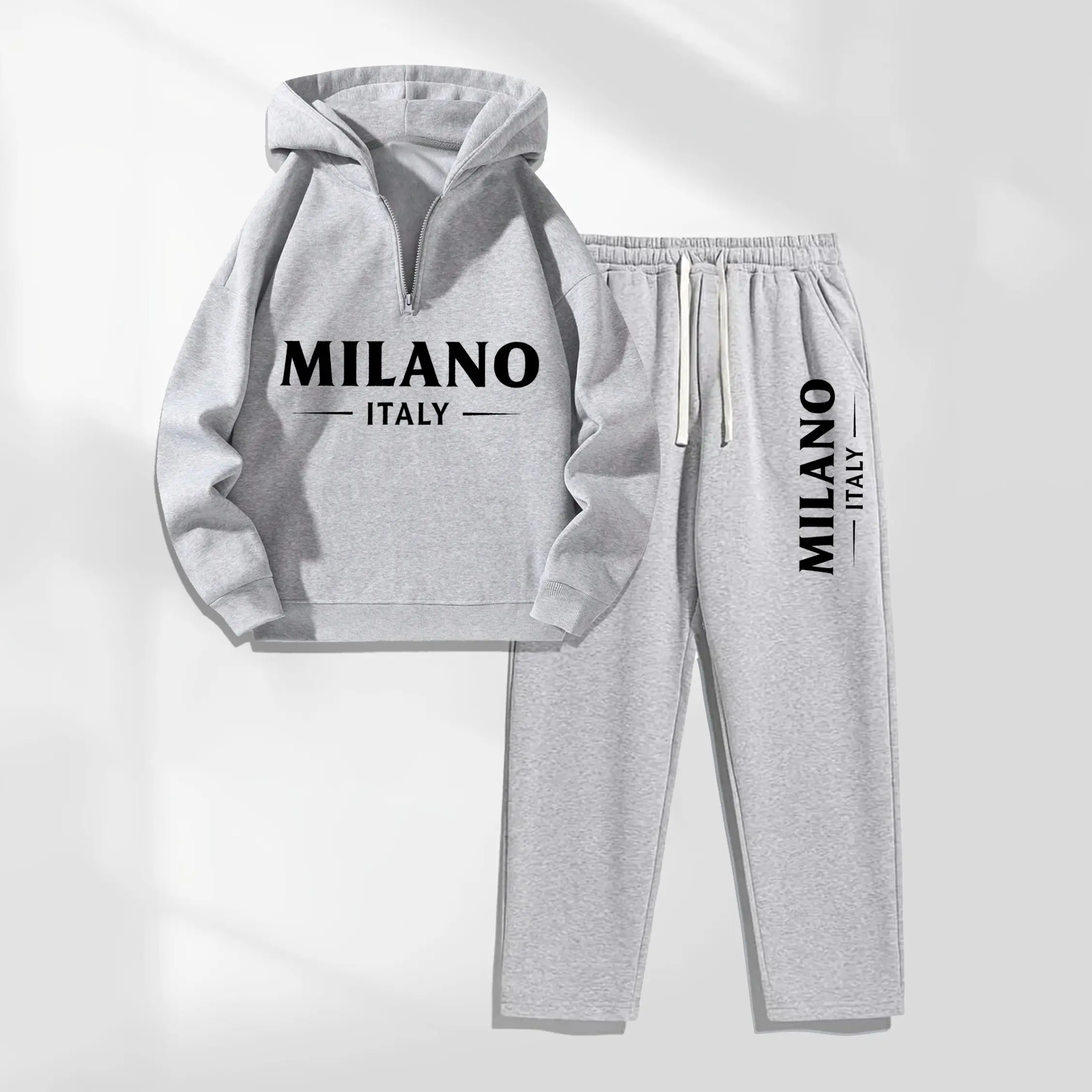 Men's 2-Piece Soft Polyester MILANO Letter Print Long-Sleeve Hoodie & Drawstring Sweatpants Set - Casual Athletic Sportswear for Fall, Winter Daily Wear