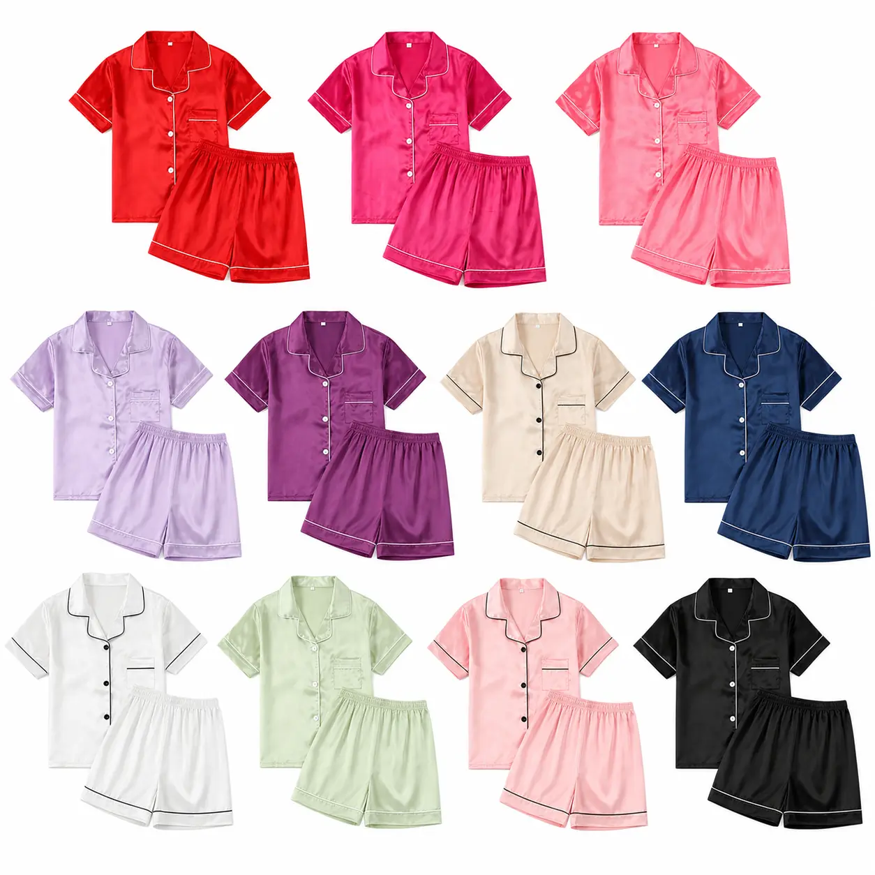 Girls Satin Pajama Set, 2 Piece Short Sleeve Button Down Top & Shorts Sleepwear, Soft Kids Pajamas for Ages 5-14, Multiple Colors