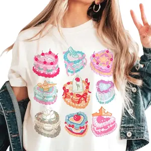 Coquette Bows Watercolor Cartoon Princess Cake T-Shirt, Cartoon cherries cake tee, Magic Princess Girl Trip Tee, Birthday Gifts