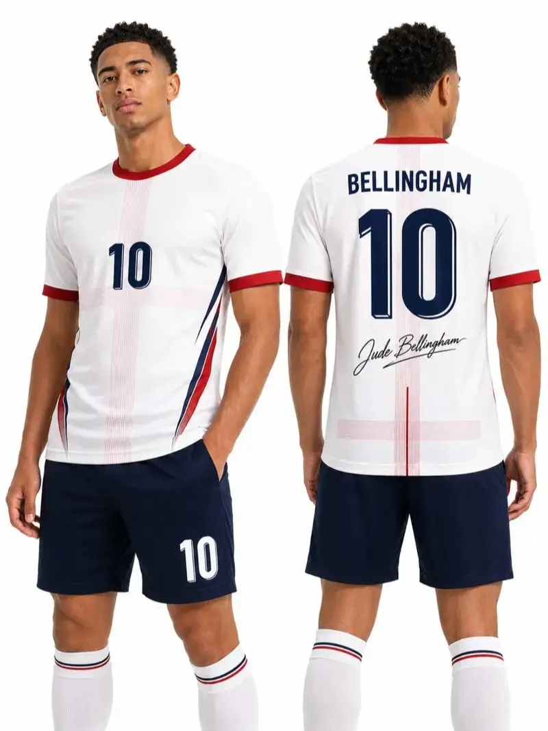 England Bellingham 10 Soccer Jersey T-Shirt, Men's Football Fan Signature Tee, Casual Loose-Fit Long Sleeve, All-Over Print, Football Jerseys