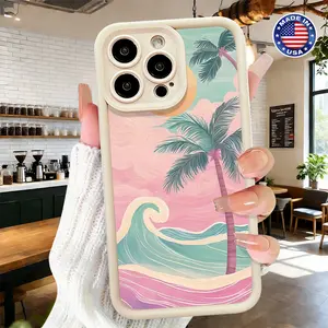 Trendy Tropical Beach Wave Palm Tree Pattern Aesthetic Design Case for iPhone 17 16 15 14 Pro Max 13 12 11 XR XS Plus Air Slim Lightweight Shockproof Anti Drop Protective Durable TPU Cover
