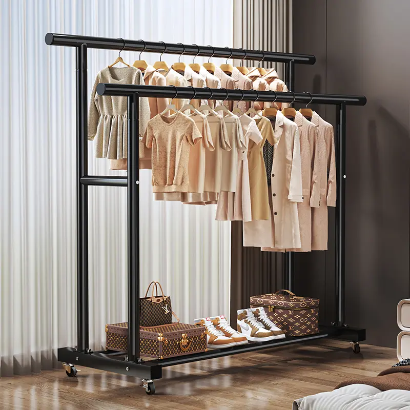 Premium Clothes Rack - Adjustable Freestanding Hanging Vertical Storage Rack, Classic Black, Single/Dual Layer (1-Layer Option), Bottom Shelf, Optional Wheels, Sturdy Heavy-Duty Organizer for Bedroom, Entryway, Standing Shelf Units