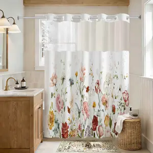 Double Layer Shower Curtain, Floral Theme, Waterproof, No Hooks, Easy Installation, Rustic Style, for Hotel, Dorm, Home Decor, Flower Shower Curtain, Hookless Shower Curtain
