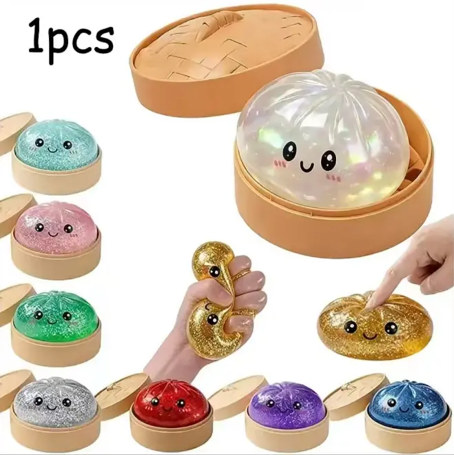 Portable Glitter Dumpling Squishies Toy - Transparent Squishy with Steamer Box, Soft Calming Stress Ball, Self Care Gadget for Kids, Kids Stuff Party Gift, Dumpling Squishy