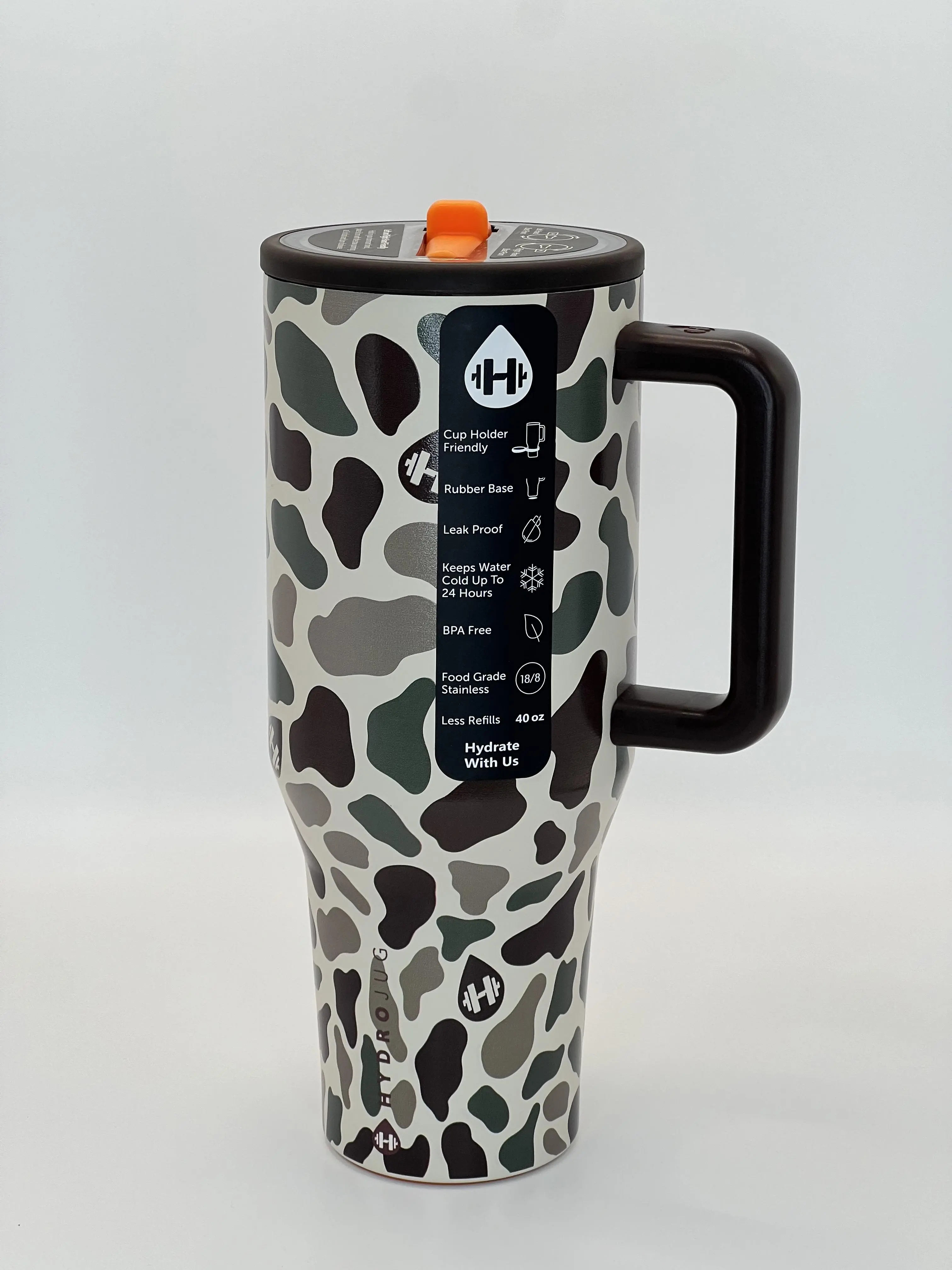 40oz HydroJug Camo Cow Print Insulated Tumbler, Stainless Steel Travel Water Bottle with Handle & Straw, Leakproof Sports Cup
