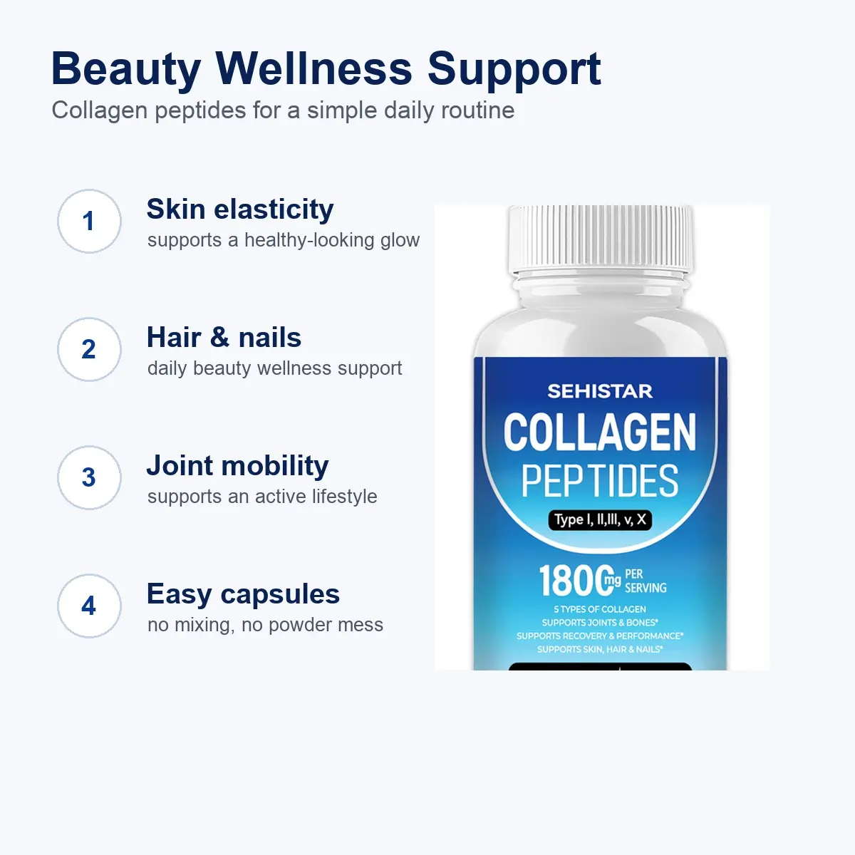 SEHISTAR Collagen Peptides Capsules for Women – Multi Collagen Types I II III V X, Hair Skin & Nails Support, Glowing Skin, Joint & Bone Health, Anti Aging Beauty Supplement, Hydrolyzed Collagen Peptides 1800mg, Grass Fed, 90 Capsules