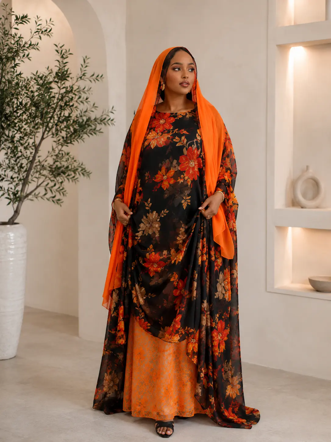 Elegant Floral Modest Dirac with Matching Orange Shawl - Perfect for Special Occasions