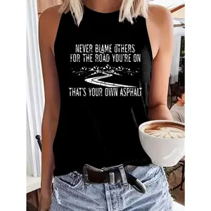 Women's Comfy Stretchy Sports Fabric Graphic Tank Top - Sleeveless, Preppy Winding Roads & Mountains Print, "Never Blame Others, the Path You Take Is Your Own Asphalt Road" Text, Outdoors & Everyday Casual Wear