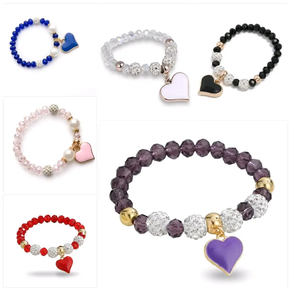 Crystal Beaded Heart Charm Bracelet for Women & Girls – Vibrant Faceted Beads with Sparkly Pavé Disco Balls – Romantic Stretch Bracelet for Valentine's Day, Birthdays, and Anniversaries