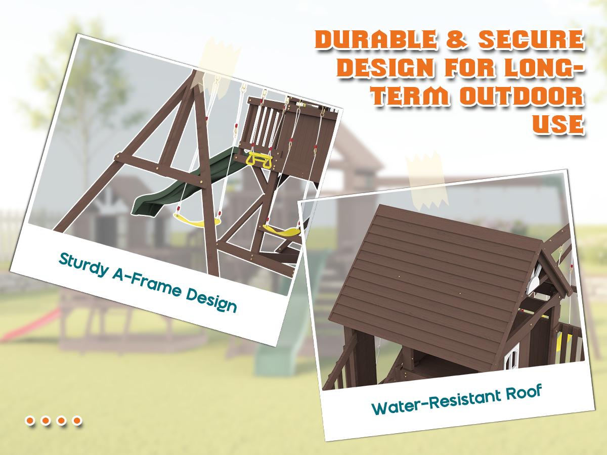 ALBOTT 3 Different Size Wooden Swing Set for Kids, Large Outdoor Wood Playhouse with Double Towers, Wave Slides, Swings, Climbing Wall & Ladder, Backyard Playground for Ages 3–8