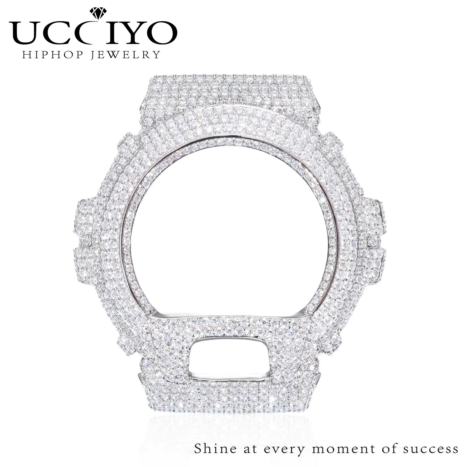 UCCIYO Compatible DW6900 Universal Bezel 18K Gold-Plated Lab-Grown Moissanite S925 Sterling Silver Moissanite Ice Crystal-Set Watch Case Unisex Hip-Hop Style Jewelry Gift Wearable