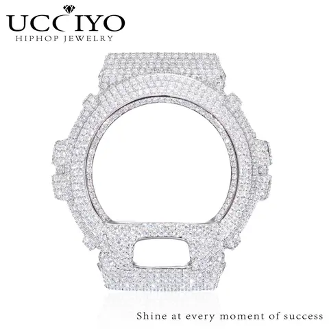 UCCIYO Compatible DW6900 Universal Bezel 18K Gold-Plated Lab-Grown Moissanite S925 Sterling Silver Moissanite Ice Crystal-Set Watch Case Unisex Hip-Hop Style Jewelry Gift Wearable