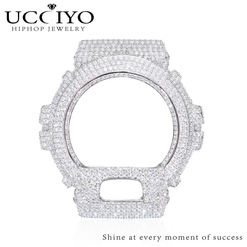 UCCIYO Compatible DW6900 Universal Bezel 18K Gold-Plated Lab-Grown Moissanite S925 Sterling Silver Moissanite Ice Crystal-Set Watch Case Unisex Hip-Hop Style Jewelry Gift Wearable