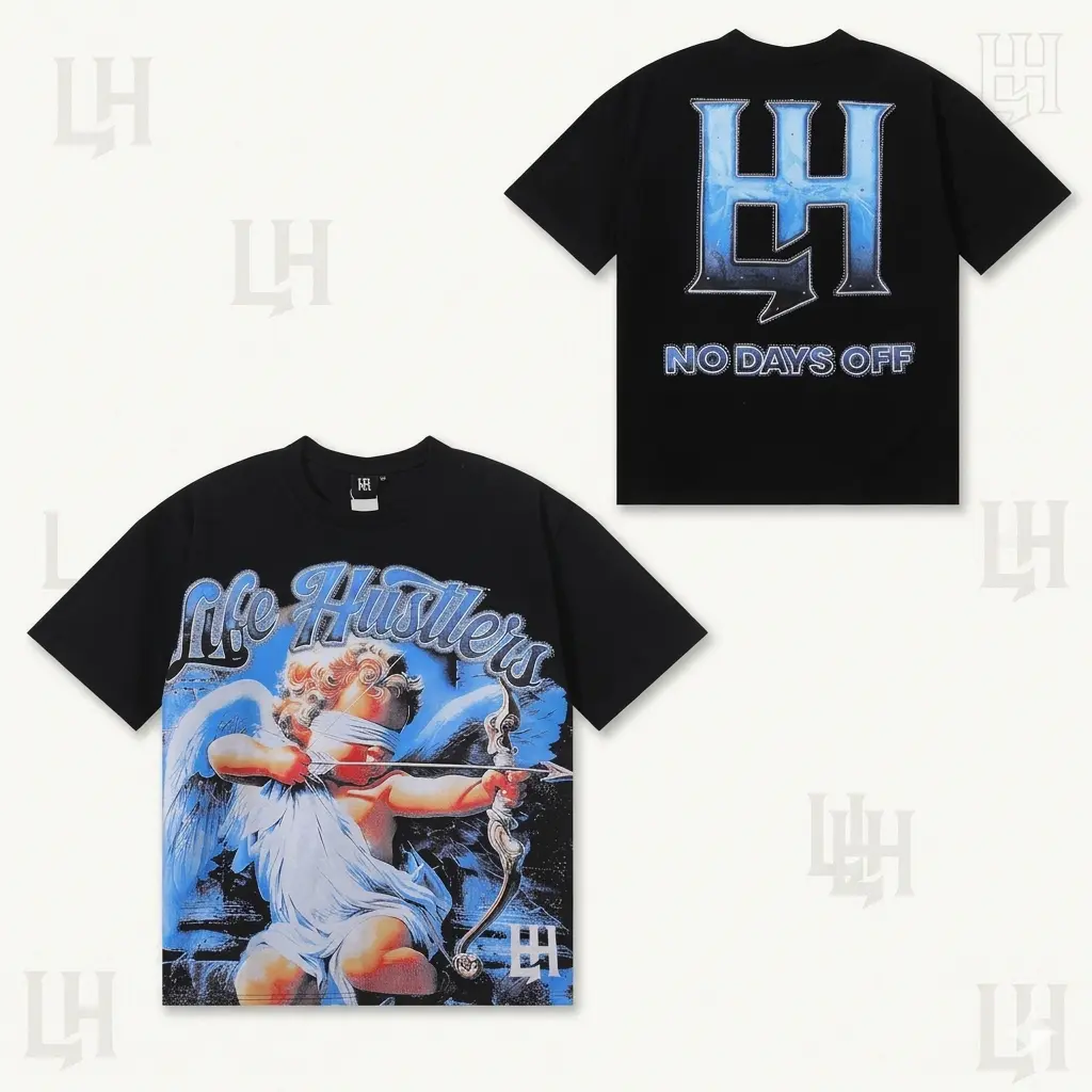 Life Hustlers Men's Short-Sleeve Heavyweight Oversized Rhinestone Cupid Blindfolded Angel T-Shirt - Y2K Grunge Streetwear Sports Top