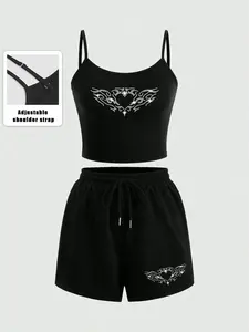 Women's Casual Loose Fit Crop Top Shorts Set, Heart Wing Print, Adjustable Straps, Soft Comfortable Fabric, Summer Fashion