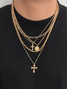 5-Piece Set Multi-Layer Cross Necklace, Chain, Men's Hip-Hop Style Layered Necklaces, Unisex Versatile Collarbone Chains