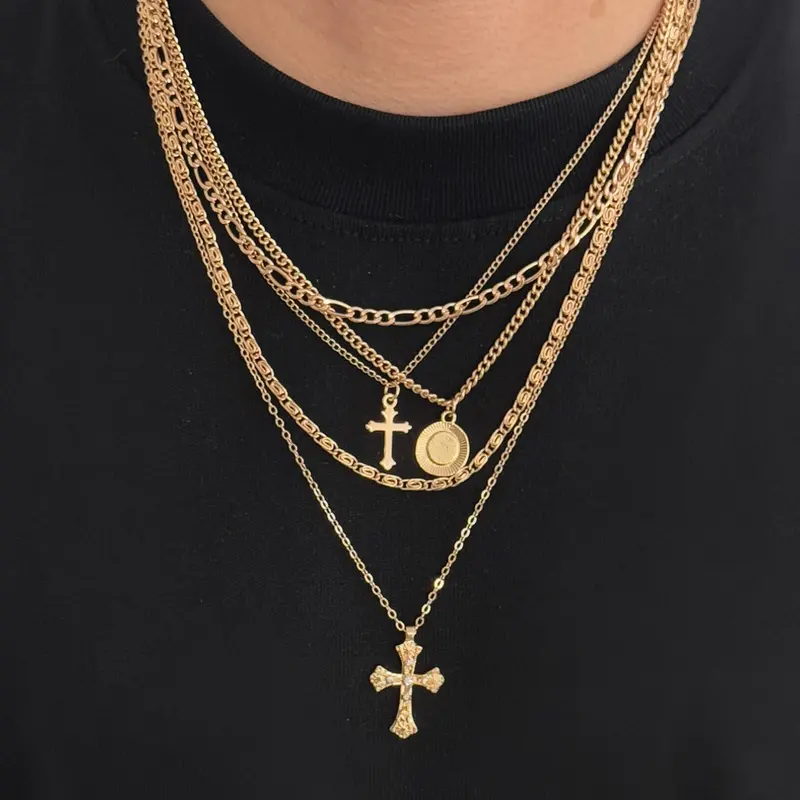 5-Piece Set Multi-Layer Cross Necklace, Chain, Men's Hip-Hop Style Layered Necklaces, Unisex Versatile Collarbone Chains, Cross Charm Necklace, Alloy Necklace, Cross Chain Design, Casual Trendy Jewelry