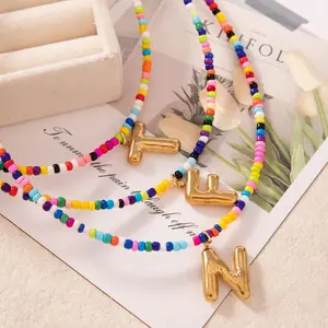 Boho Beaded Necklace with Colorful 3D Letter Pendant Multicolored Glass Beads Festival Party Jewelry Gift