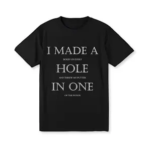 Men's Classic Round Neck Shortsleeve Graphic T-Shirt - Breathable Soft Black Cotton Knit, "I Made a Hole in 1" Golf Design, Machine Washable, Perfect Golfer Gift, Casual Streetwear Top