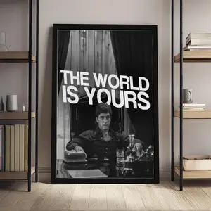 [UnFrame] "The World Is Yours" Scarface Art Print, Black & White Tony Montana Movie Poster, Retro Gangster Quote Wall Decor, Motivational Scarface Print for Living Room Office Home Decor