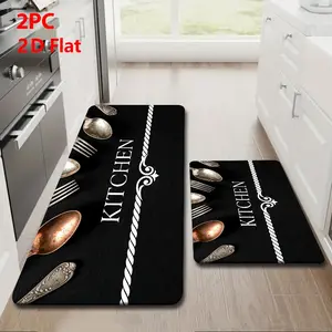 2pcs/3pcs Flannel Kitchen Mat Set, Base, Vintage Copper Silver Color, Retro Design, Non-Slip, Absorbent, Home Decor