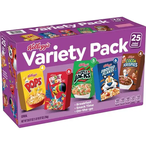 Assorted Cereals Variety Pack 25 Pack - Includes Breakfast, Snack Time, and More