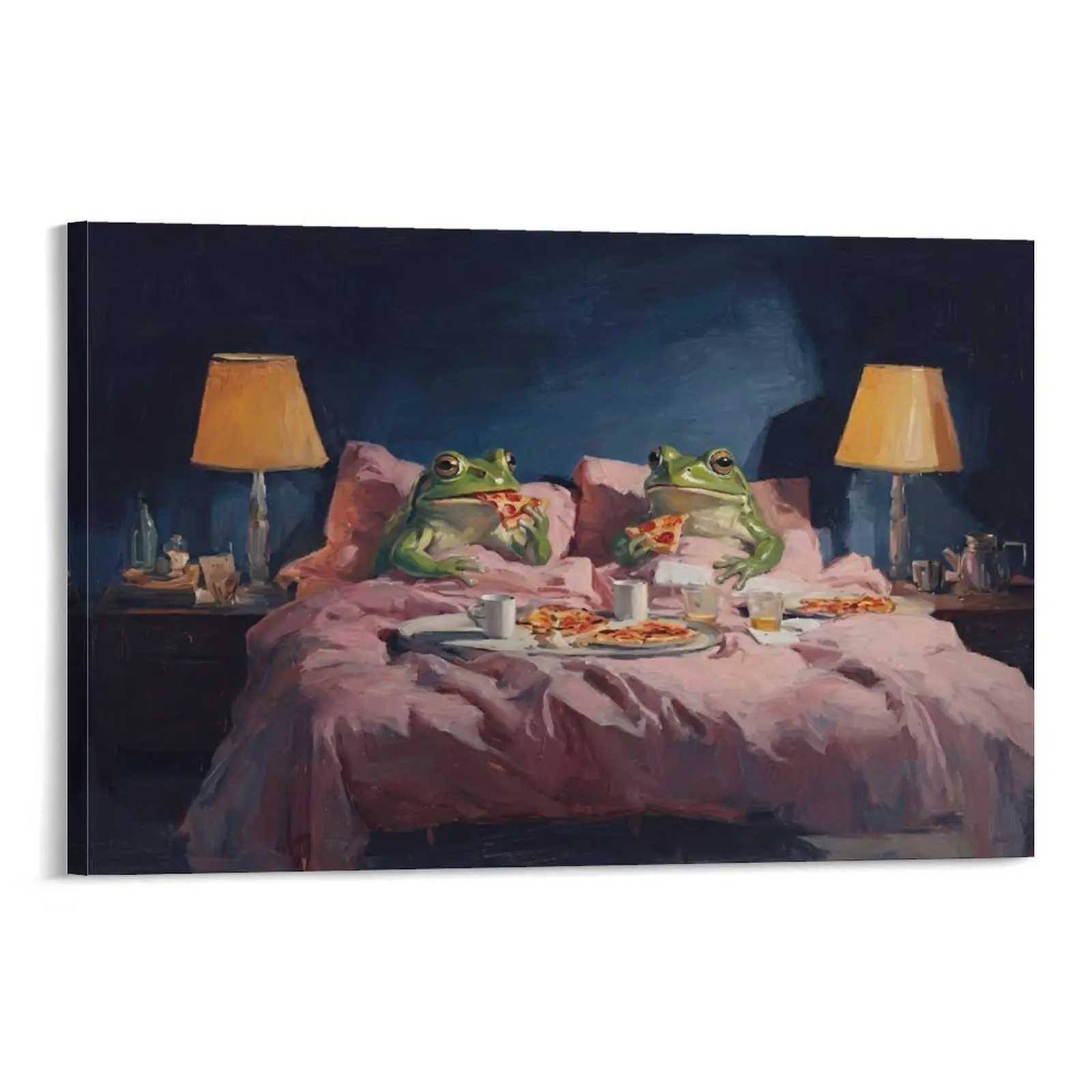 Funny Frog Couple Canvas  Art | Cozy Bed Rotting Meme Poster for Bedroom, Apartment, Dorm Room, Introvert Couple Decor, Pizza Night Aesthetic, Lazy Relationship  Art, Gen Z Cozy Room Decor wall