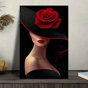 1pc 2D Flat, Elegant Rose Adorned Hat Lady Canvas Art, Wood Frame, Stylish Wall Decor Living Room, Striking Red & Poster, Modern Home Aesthetics, Rose Deco