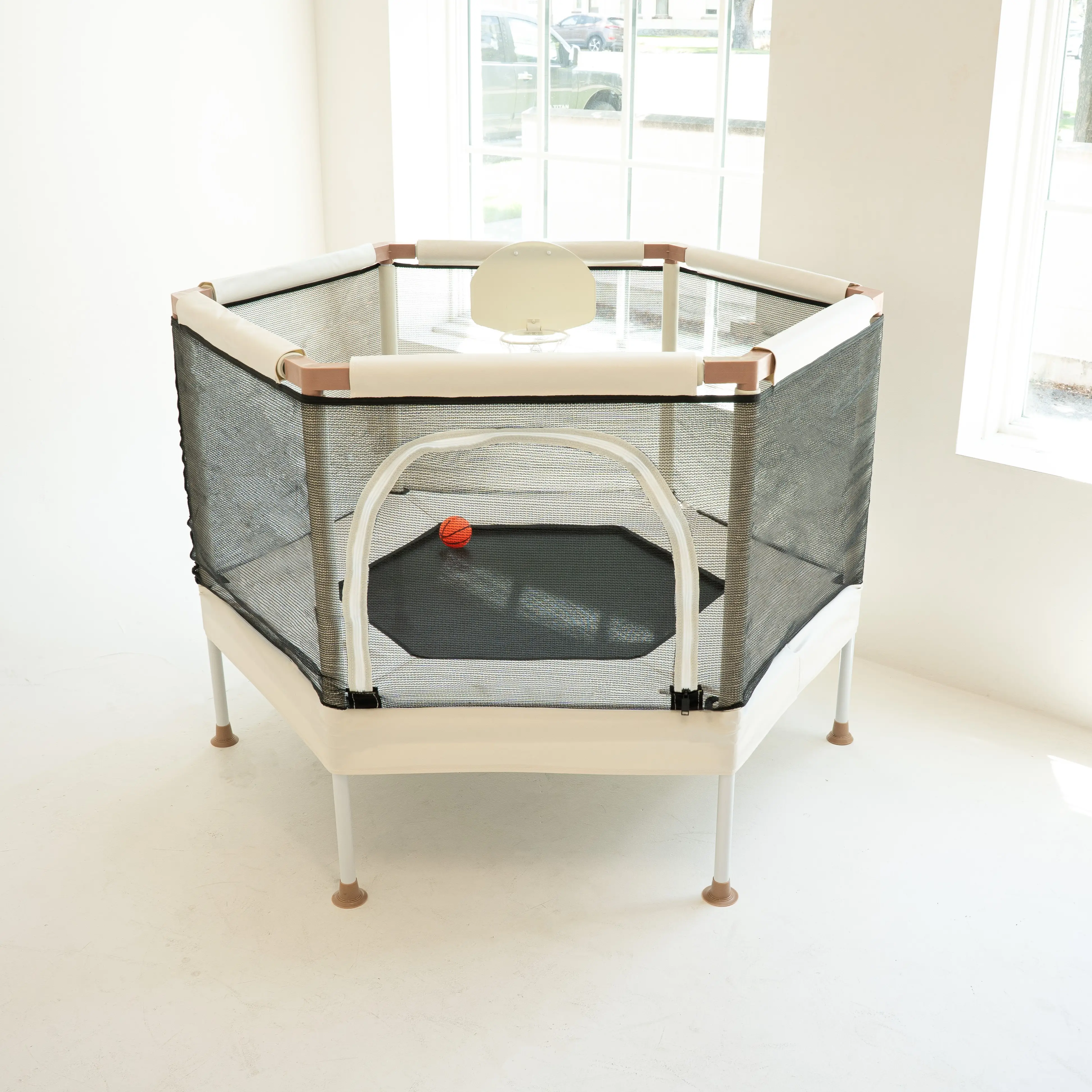 Square House Kids Trampoline 4 FT Sand with Safety Net, Mini Ultra Safe No-Gap Design, Aesthetic for Indoor & Outdoor Use