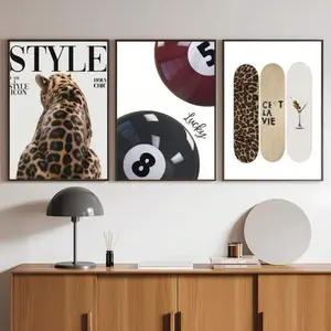 3 Pieces Wooden Frame Lucky 8 Ball Leopard, Leopard Printed, Cheetah Canvas Painting Print How Lucky We Are Quote Leopard Print Pattern Wall Art Wall Poster Modern Living Room Home Decor Color Accurate Reproduction Hanging Painting