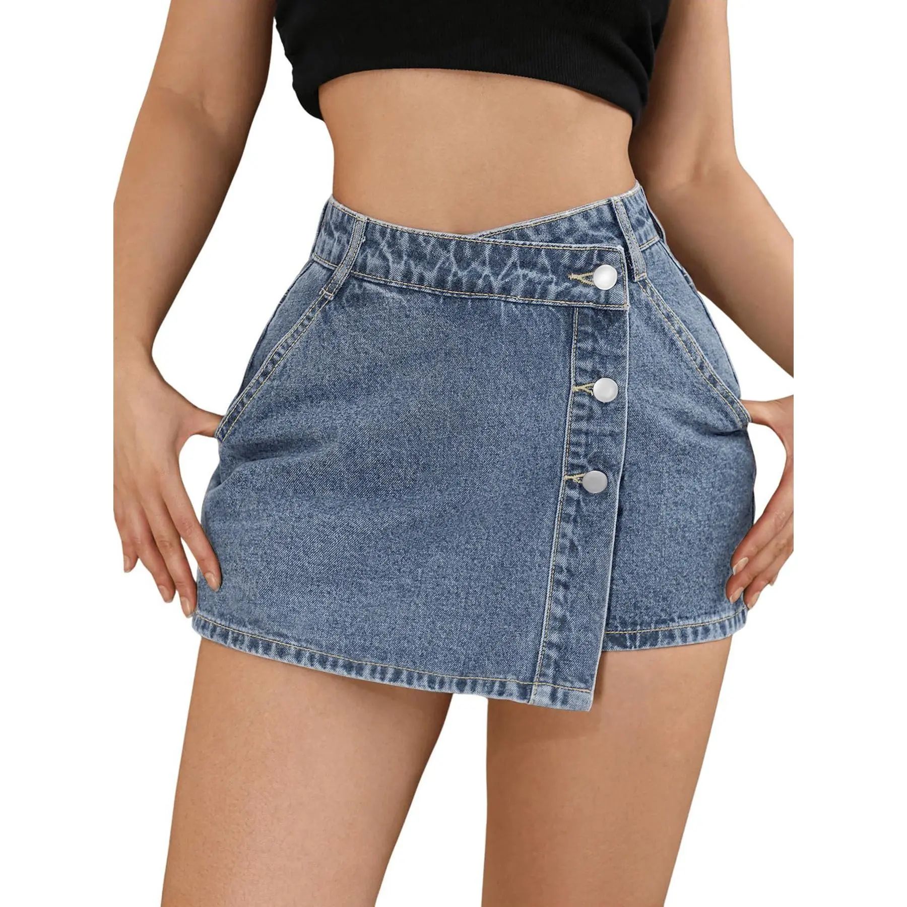Renaishow Women's High Waisted Minimalist Plain Denim Skort - A-Line Cut, 1-Button Closure, Asymmetrical Twist Hem, Slant Pockets, Durable, Fitted Comfort, Casual Jean Skirt Clothes for Everyday Womenswear, XXL Pantskirt